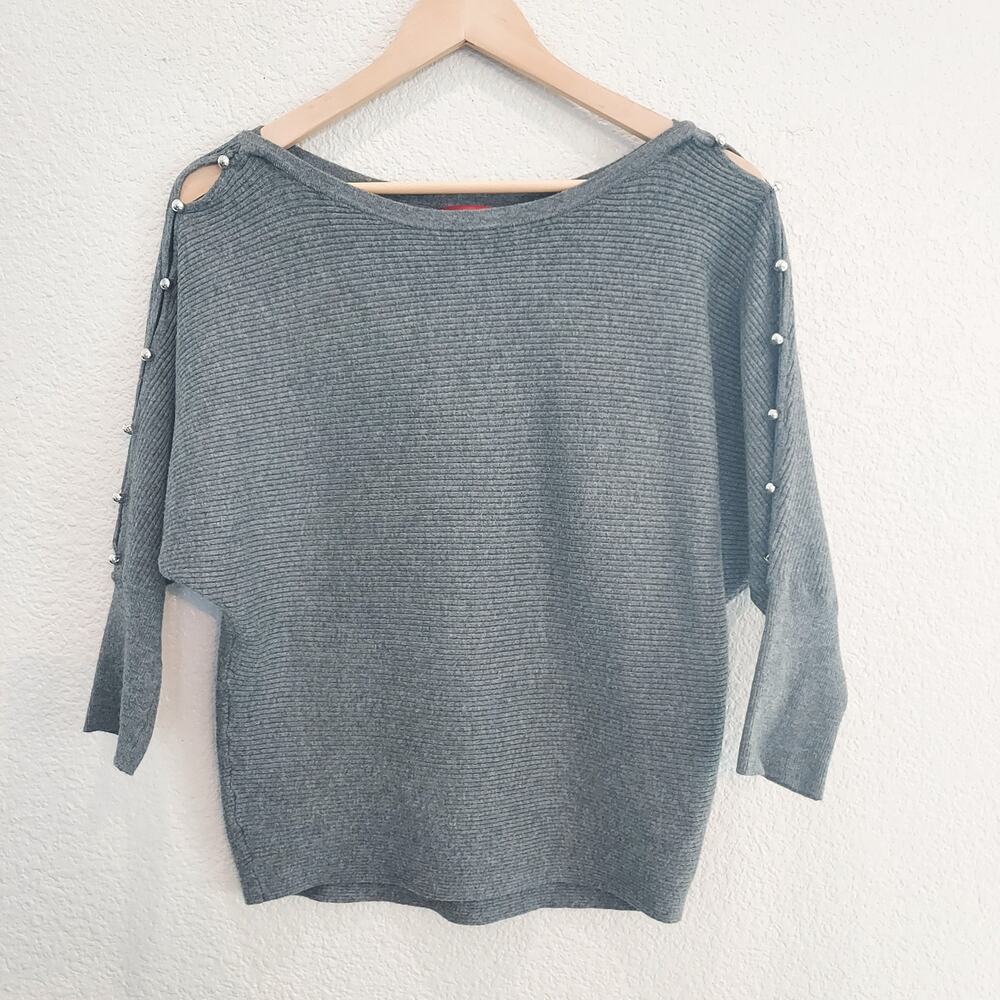 Jennifer Lopez Gray 3/4 Ribbed Knit Sweater w/Silver Stud Accents Sleeves Size M